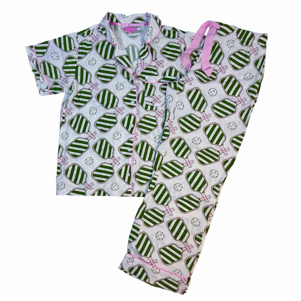 Katie Kime sz M Green Pink Pickleball Pajama Set Pants Top Ruffle Modal Cotton